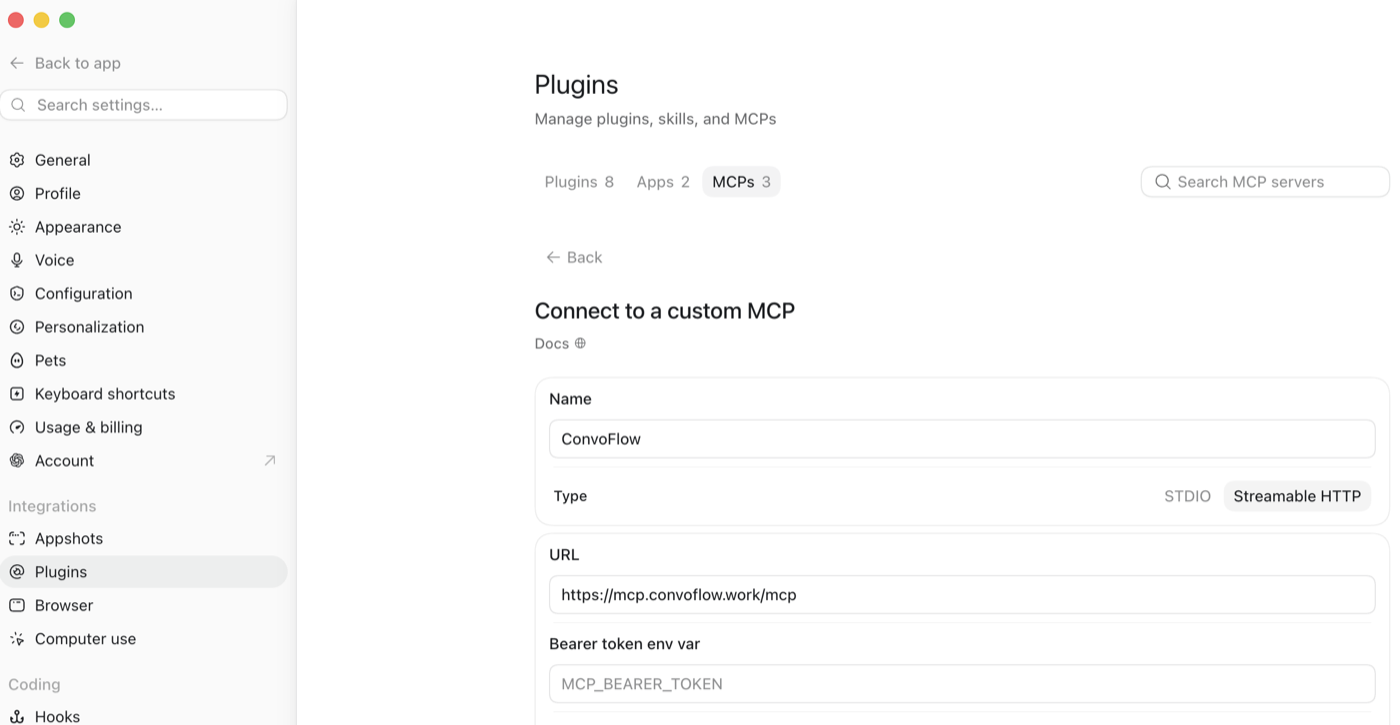 ChatGPT Connect to a custom MCP form with ConvoFlow and the URL filled in