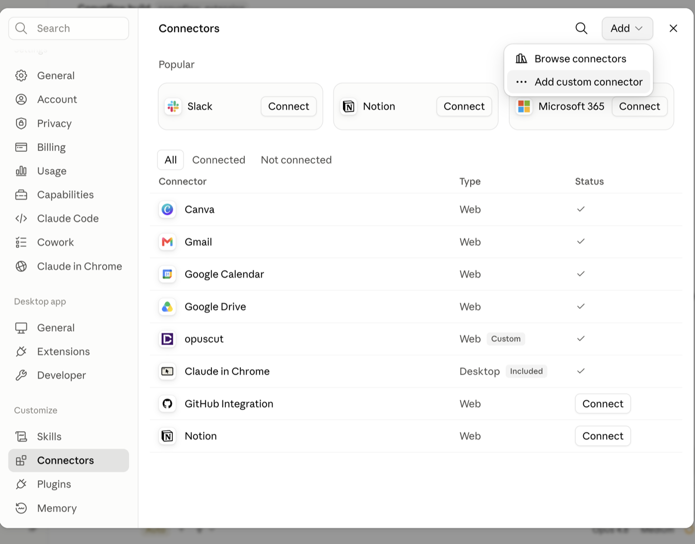 Claude Connectors settings with the Add custom connector menu open