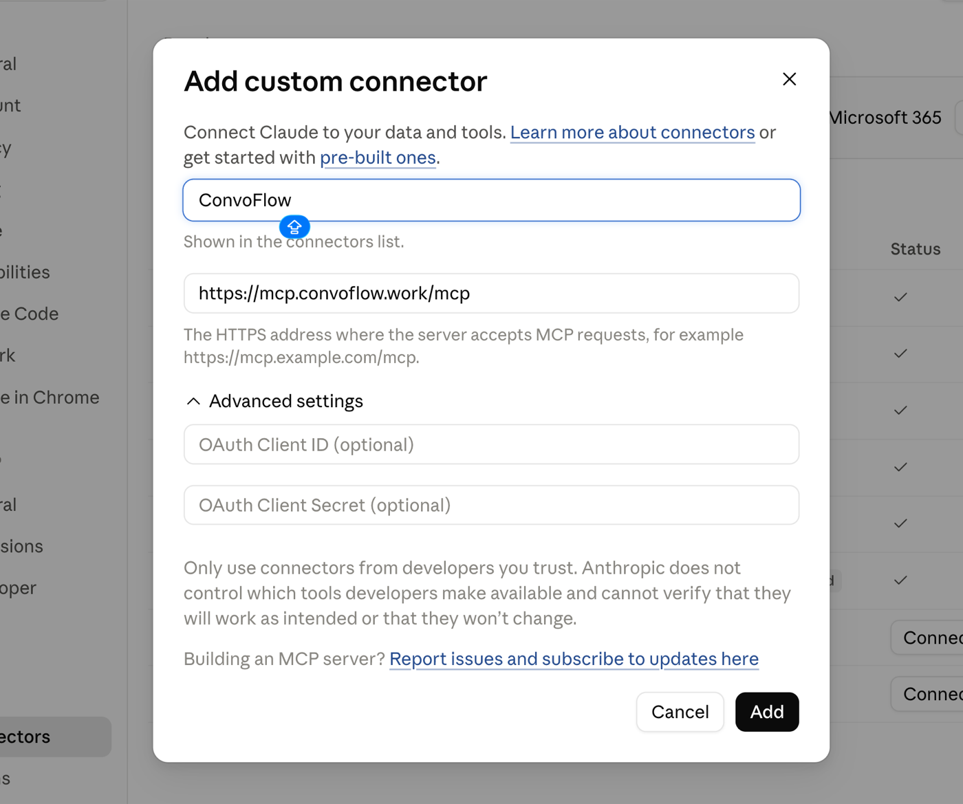 Add custom connector dialog with the ConvoFlow name and URL filled in