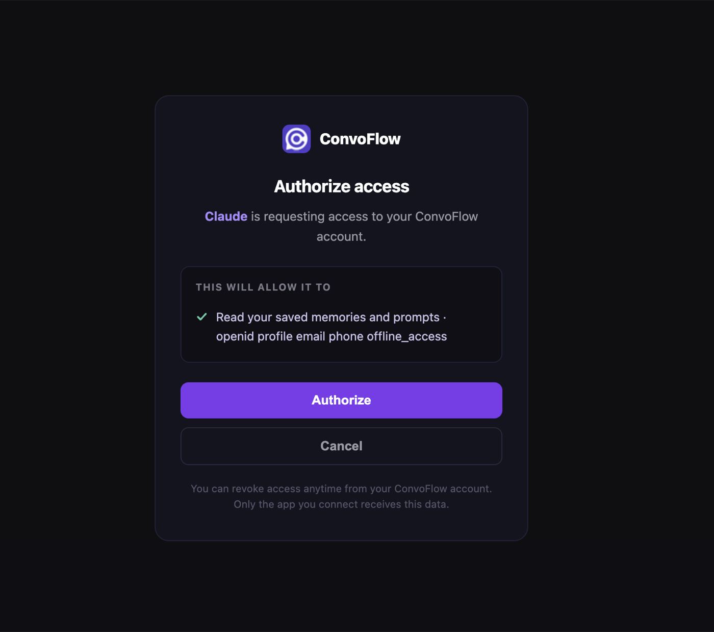 ConvoFlow authorize-access screen granting Claude read access to your memories